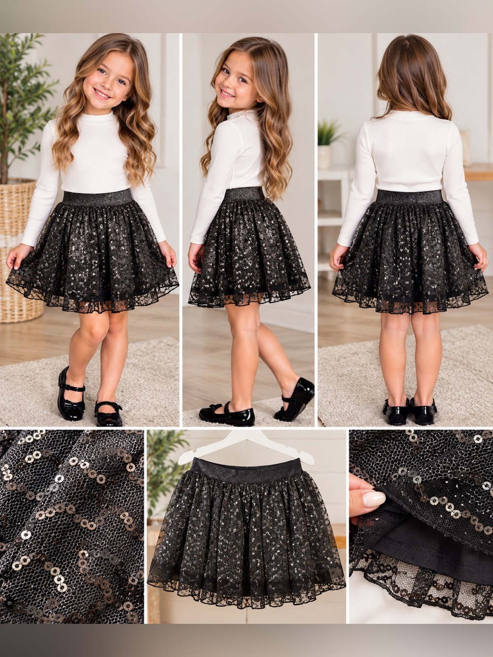 D-Signed Disney Girls’ Black Sequin Tulle Skirt – Size XS (6) 🖤✨